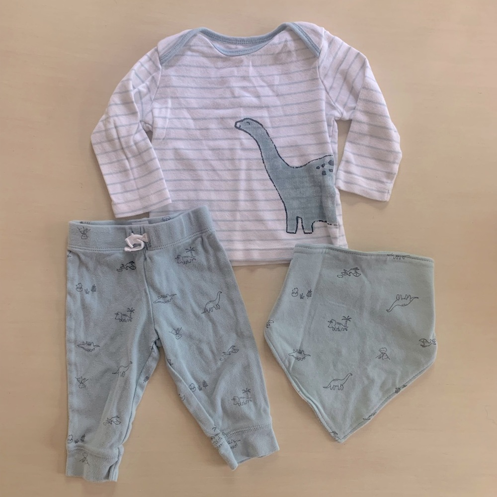 Baby Boy Dinosaur Matching Shirt, Pants, & Bib Set